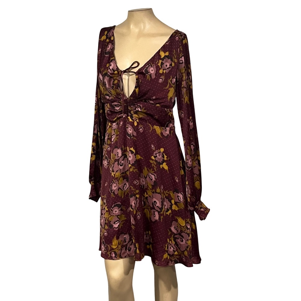 Avalanche Plum Floral Polka Dot Keyhole Tie Neck Smocked Mini Dress Coquette S